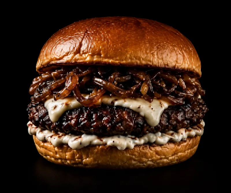 Hamburguesa Angus Cabra y Cebolla con pan brioche, cebolla caramelizada y queso de cabra fundido.