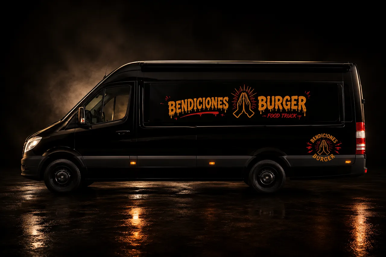 El food truck negro de Bendiciones Burger de noche, con el rótulo naranja iluminado sobre el asfalto mojado.