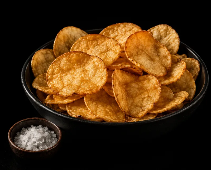 Cuenco negro con patatas teja clásicas con sal.